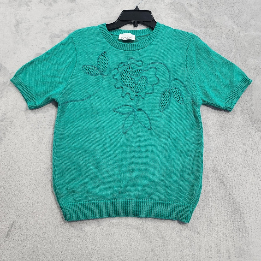 Vintage Devon Sweater Top Womens S Green Floral‎ Embroidered Short Sleeve Knit